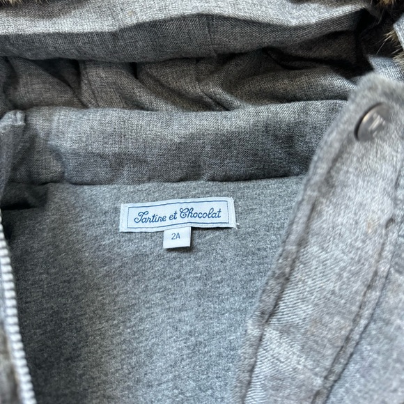 Tartine et Chocolat Boys Grey Chine Down Jacket w/Rabbit Fur hood | Size 2Y - Picture 3 of 3